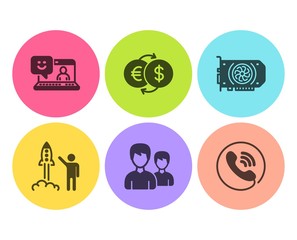 Launch project, Smile and Money exchange icons simple set. Gpu, Couple and Call center signs. Business innovation, Laptop feedback. Flat launch project icon. Circle button. Vector