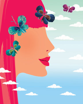 Profile of a young girl with red hair and paper butterflies against a gradient sky with cumulus clouds