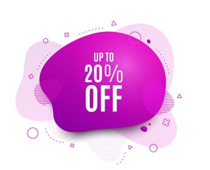 Fluid badge. Up to 20% off Sale. Discount offer price sign. Special offer symbol. Save 20 percentages. Abstract shape. Color gradient sale banner. Flyer liquid design. Vector