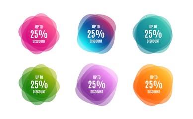 Blur shapes. Up to 25% Discount. Sale offer price sign. Special offer symbol. Save 25 percentages. Color gradient sale banners. Market tags. Vector