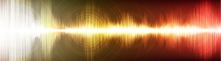 Panorama Digital Super Earthquake Wave with Circle Vibration on Light Red and gold background,technology and earthquake wave concept,design for music industry,Vector,Illustration.