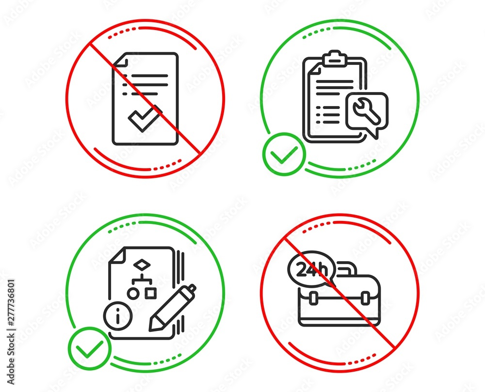 Poster do or stop. approved checklist, spanner and algorithm icons simple set. 24h service sign. accepted m