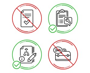 Do or Stop. Approved checklist, Spanner and Algorithm icons simple set. 24h service sign. Accepted message, Repair service, Project. Support. Technology set. Line approved checklist do icon. Vector