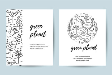 Vector illustration with trees. Place for text. Ecological concept. Template for flyer, poster, invitation, web, announcement. Thin line style design.