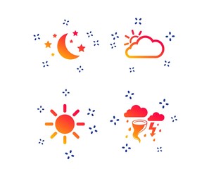 Weather icons. Moon and stars night. Cloud and sun signs. Storm or thunderstorm with lightning symbol. Random dynamic shapes. Gradient weather icon. Vector