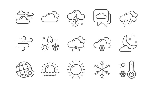 Weather and forecast line icons. Cloudy sky, winter snowflake, thermometer. Moon night, rain and sunset icons. Weather temperature, meteorology forecast. Linear set. Vector