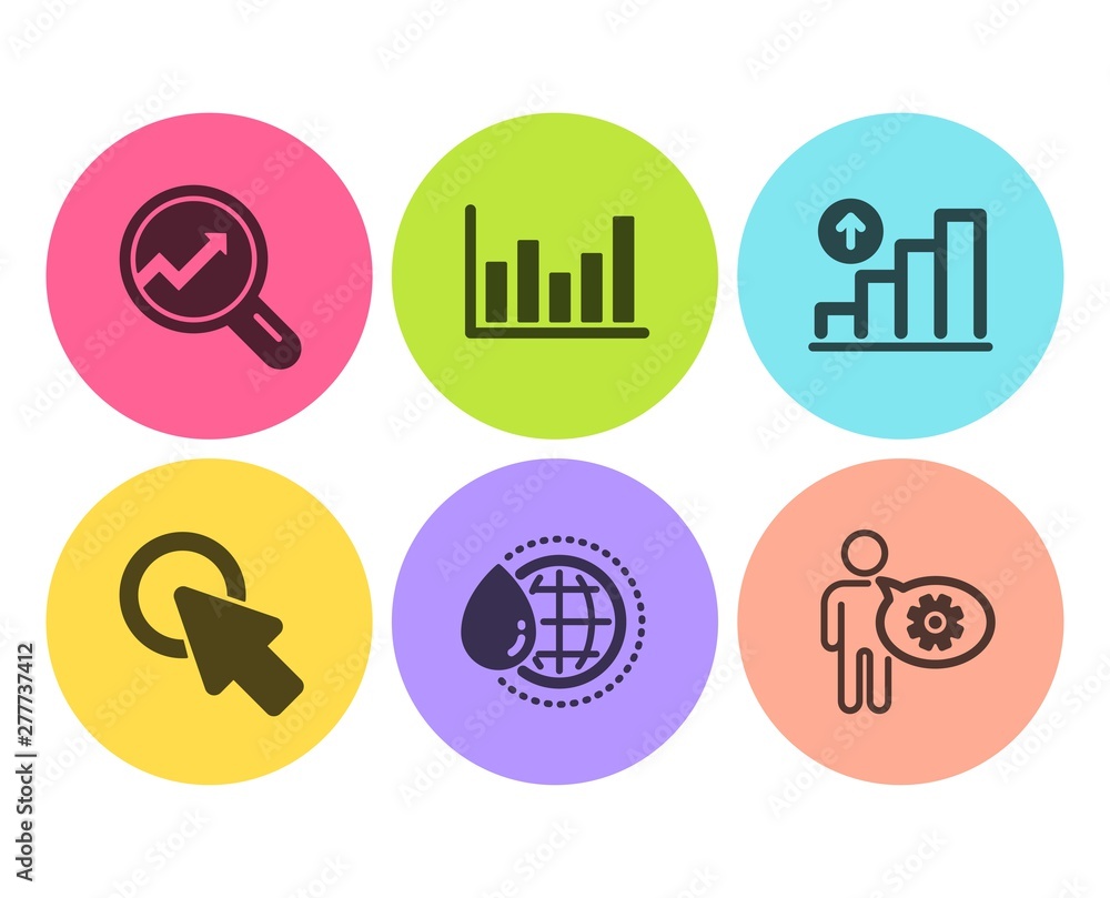 Aufkleber column chart, world water and graph chart icons simple set. click here, analytics and cogwheel signs