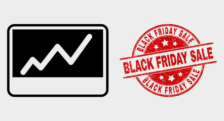 Vector stocks chart pictogram and Black Friday Sale seal. Red round textured seal with Black Friday Sale caption. Vector combination for stocks chart in flat style. Black isolated stocks chart symbol.