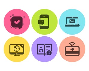 E-mail, Seo timer and Technical algorithm icons simple set. Confirmed, Smartphone message and Contactless payment signs. New message, Analytics. Technology set. Flat e-mail icon. Circle button. Vector