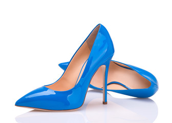 Women's shoes with heels. Shoes isolate on a white background. Pair of blue stilettos. high-heeled...