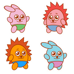 Set of funny cartoon animals in shorts on a white background: bunnies and hedgehogs in blue, pink and orange.
