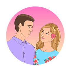 Drawn beautiful brunette guy and blonde girl tenderly look at each other. Pink background