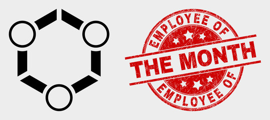 Vector cooperation icon and Employee of the Month stamp. Red round distress stamp with Employee of the Month text. Vector composition for cooperation in flat style. Black isolated cooperation icon.