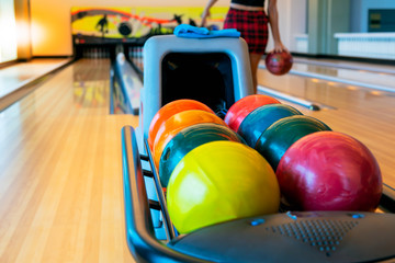 Blurred soft images of Bowling ball on the track prepared for athletes who exercise, to sport and recreation concept.