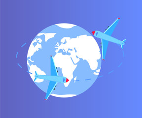 Traveling plane vector, isolated globe planet Earth with oceans and continents flat style with lines, aircrafts flying around world map, shipment delivery