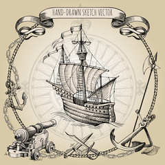 Adventure stories. Pirate background. Vintage border frame. Old caravel, vintage sailboat. Cannon, ghost ship, shipwreck, sea battle