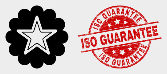 Vector star rosette icon and ISO Guarantee seal stamp. Red rounded grunge seal stamp with ISO Guarantee text. Vector combination for star rosette in flat style. Black isolated star rosette symbol.