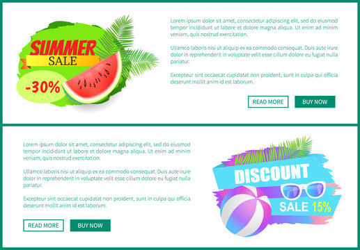 Summer sale watermelon and ball posters with text sample set. Sunglasses accessory for sun protection and juicy fruit with seeds discounts vector