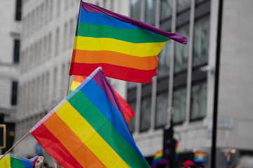 Rainbow gay pride flags at an LGBT gay pride solidarity parade