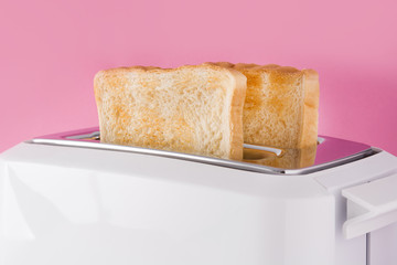 Toasted toast bread in white toaster on pink background