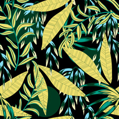 Summer abstract seamless pattern with colorful tropical leaves and plants on black background. Vector design. Jungle print. Floral background. Printing and textiles. Exotic tropics. Fresh design.