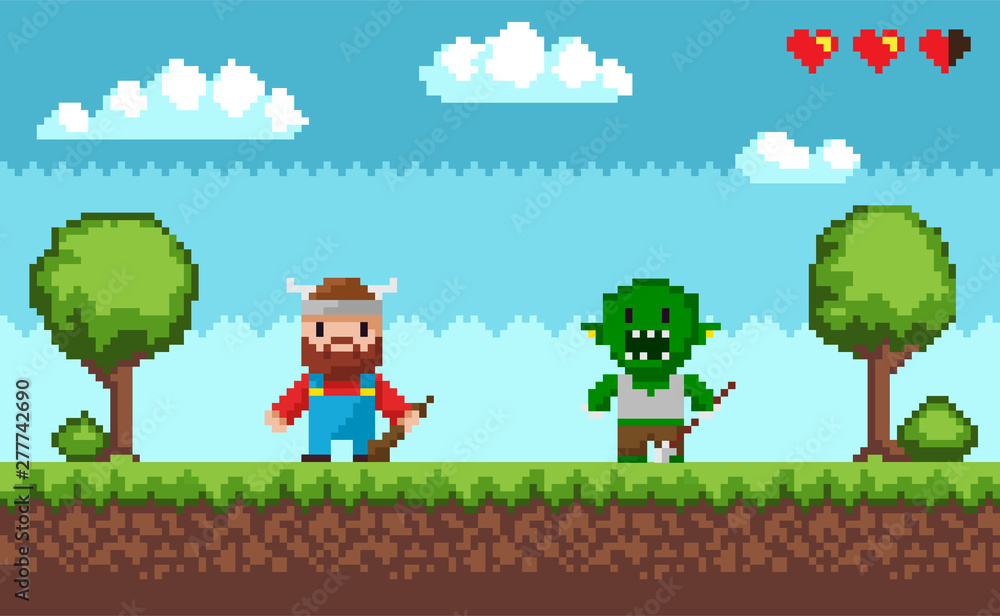 Poster arcade pixel game vector, viking with weapon and troll character fighting. scenery with health point