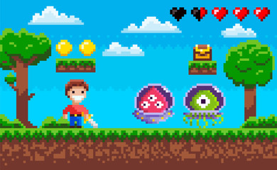 Obraz na płótnie Canvas Pixel game, cavalier with steel and ufo war, coins on ground step, heart and cloudy sky, green trees, screen of duel between knight and monster vector, pixelated objects for video-game