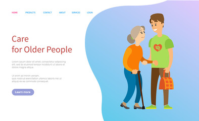 Care for older people vector, man helping old lady to carry bags, volunteering male assisting senior pensioner. Social worker wearing tshirt. Website or slider app, landing page flat style
