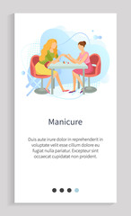 Manicure in spa salon vector, expert woman sitting by table polishing nails of client, cuticle cutting and making fingers look beautiful. Website or app slider template, landing page flat style