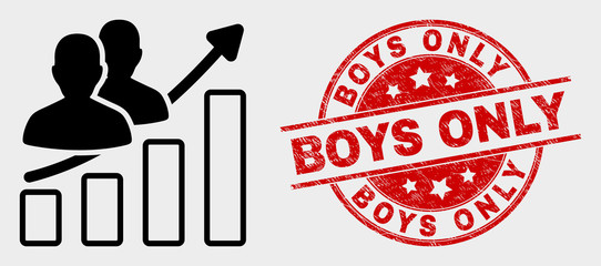 Vector people trend chart icon and Boys Only seal stamp. Red round textured seal stamp with Boys Only caption. Vector combination for people trend chart in flat style.
