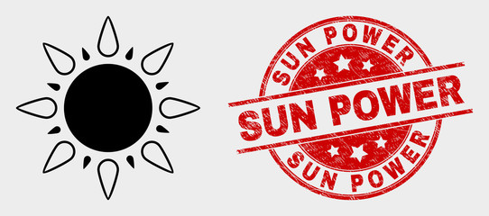 Vector sun pictogram and Sun Power seal. Red round grunge seal stamp with Sun Power text. Vector combination in flat style. Black isolated sun pictogram.