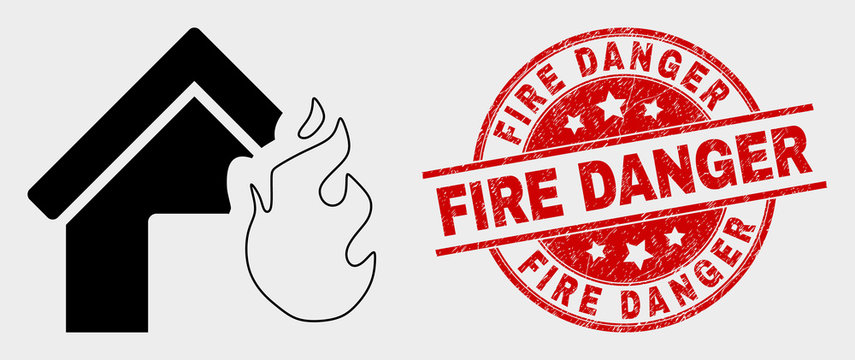 Vector house fire disaster pictogram and Fire Danger stamp. Red rounded scratched seal stamp with Fire Danger caption. Vector composition for house fire disaster in flat style.