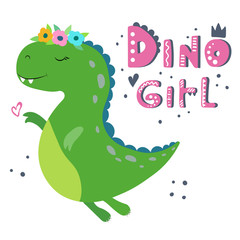Cute cartoon dinosaur. Dino girl. Great design element for kids apparel, nursery decoration, t-shirt, invitation, print, poster. Hand drawn vector illustration.