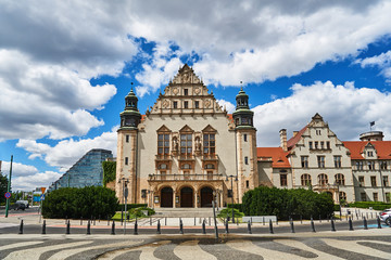Obraz premium Urban landscape with historic, neo-Romanesque buildings of the University of Poznan.
