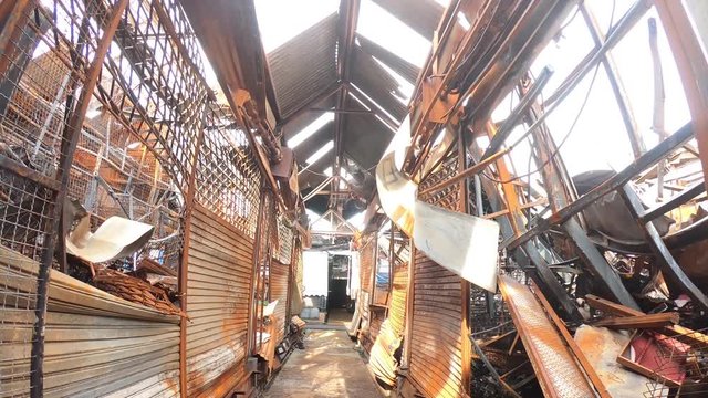 4K After the fire Chatuchak weekend market iron rush Rusted steel mesh accident insurance business market