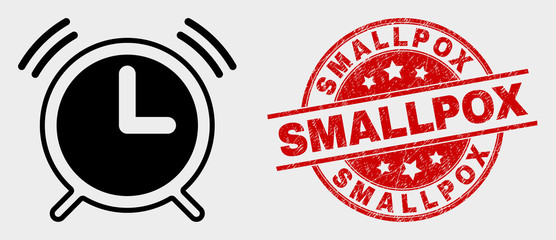 Vector alarm clock pictogram and Smallpox seal stamp. Red rounded scratched stamp with Smallpox text. Vector composition for alarm clock in flat style. Black isolated alarm clock pictogram.