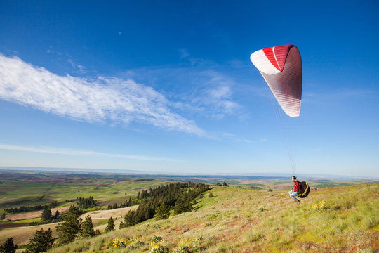 Man paragliding over grassy landscape