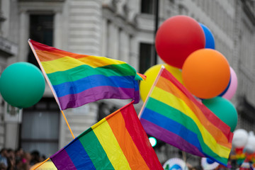 People wave LGBTQ gay pride rainbow flags at a pride event