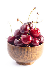 Fresh Dark Red Cherries with Stems on a White Background