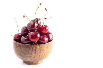 Fresh Dark Red Cherries with Stems on a White Background