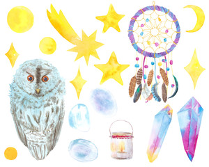 Watercolor hsnd drawn set with night elements moon, stars, owl, dream catcher, crystals isolated on white background