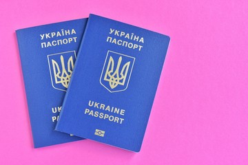 Two Biomedical Ukraine id passports on magenta background with selective focus and empty space for photo or text. Ukrainian id passport with a golden symbol trident on neon backdrop. Copy space 