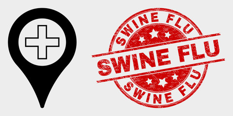 Vector medical map marker pictogram and Swine Flu seal stamp. Red round scratched seal with Swine Flu caption. Vector combination for medical map marker in flat style.