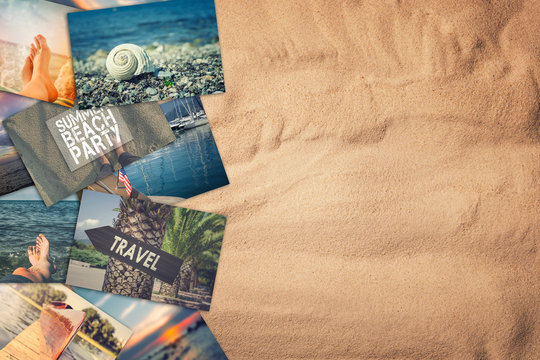 Travel photo collage on sand background