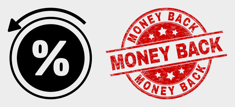 Vector percent back pictogram and Money Back seal stamp. Red rounded distress seal stamp with Money Back text. Vector combination in flat style. Black isolated percent back symbol.