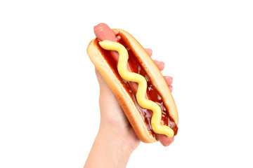 Hot dog in woman hand isolated on white background. Copy space.