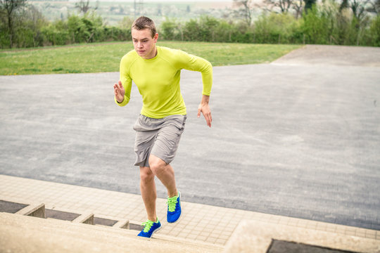 Basketball athlete stair running as part of his workout.