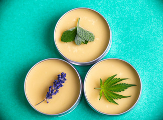 Cannabis salve made from hemp and CBD oils with mint and lavender