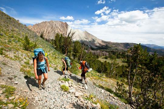 Three backpackers hike up switchbacks near the 11.800+ foot Castle Peak in the White Cloud Mountains in Idaho.     