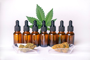 Bottles of cannabis tincture or CBD oil derived from marijuana plant isolated over white - 277751058